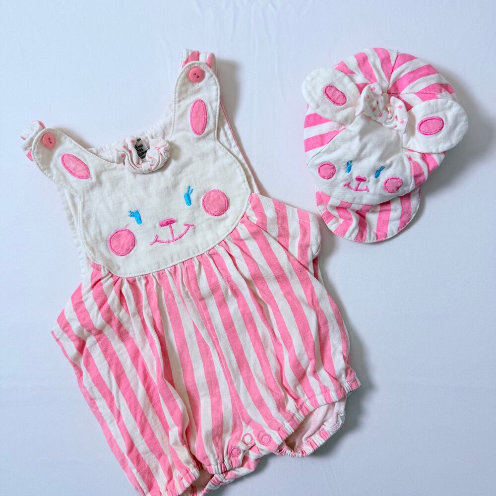 Vintage 80s 100% Cotton Pink Striped Bunny Bubble Romper w/ Bunny Ear Hat